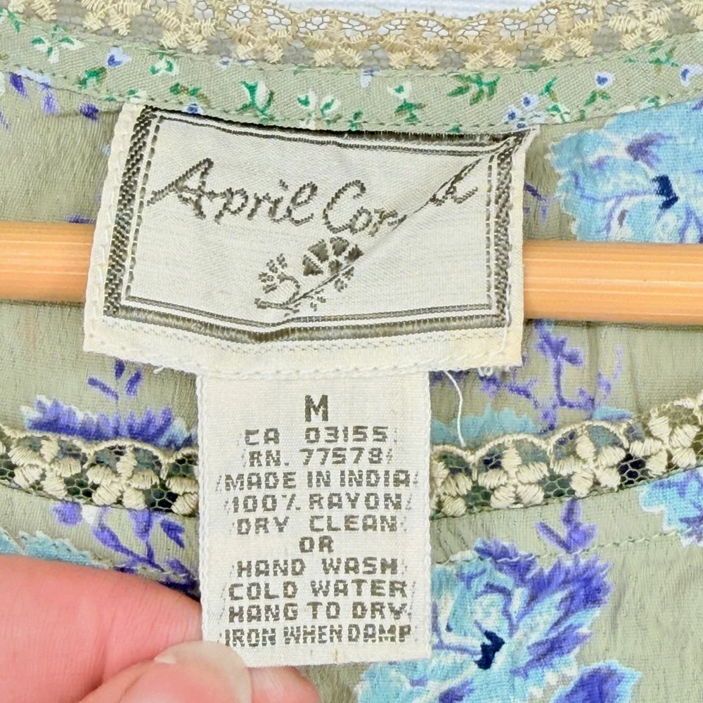 April Cornell Vintage Maxi Dress Women Medium Green Floral Lace Boho Cottagecore